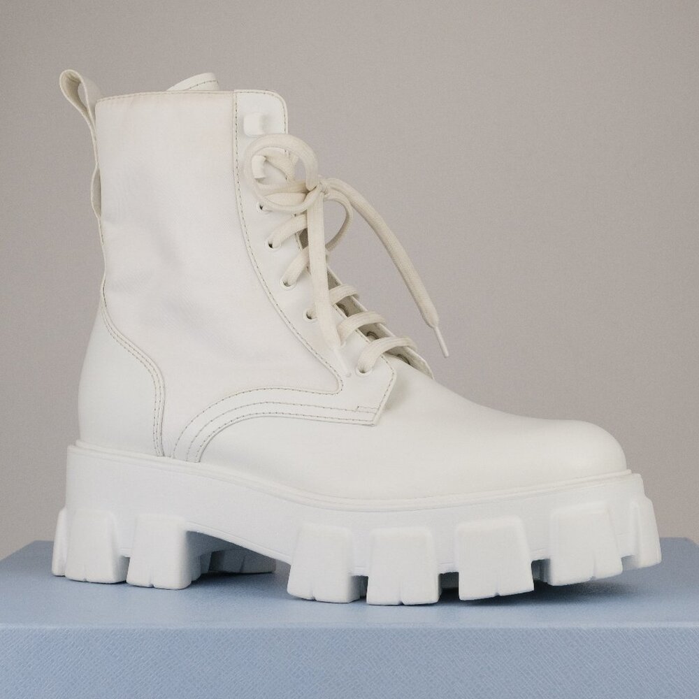 Prada Monolith Leather and Nylon Lace-Up Platform Combat Boots, White, EU 39.5